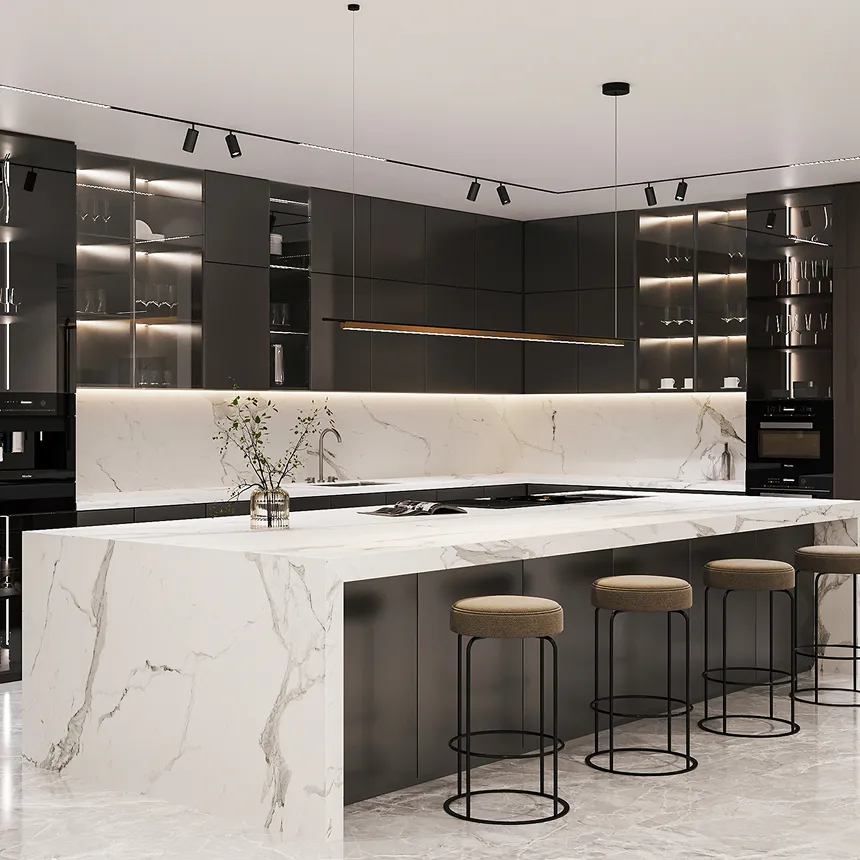 Modern kitchen island featuring a granite countertop and wooden cabinetry.
