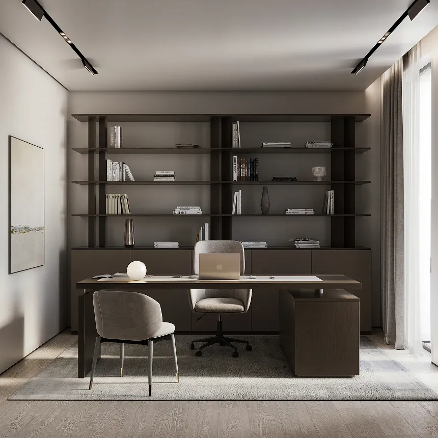 Home office design in Dubai with quality wood and stone finishes.