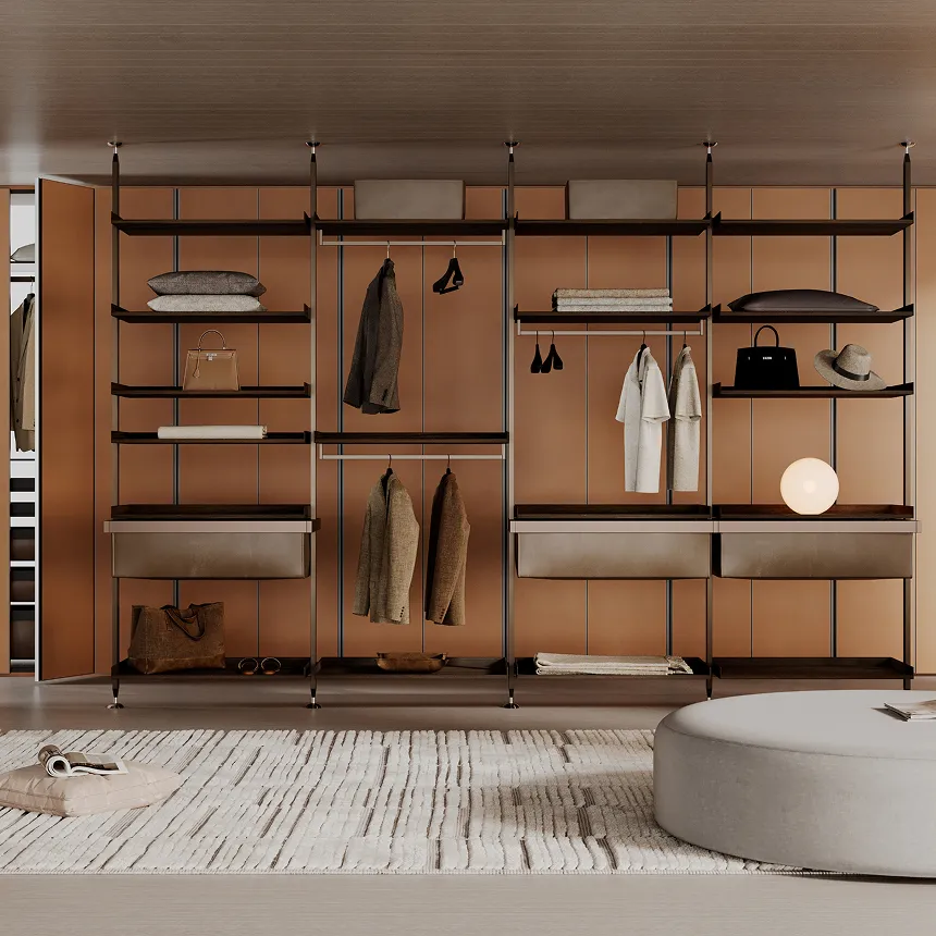 Modern walk-in closet design with shelves for storage featuring bespoke joinery.