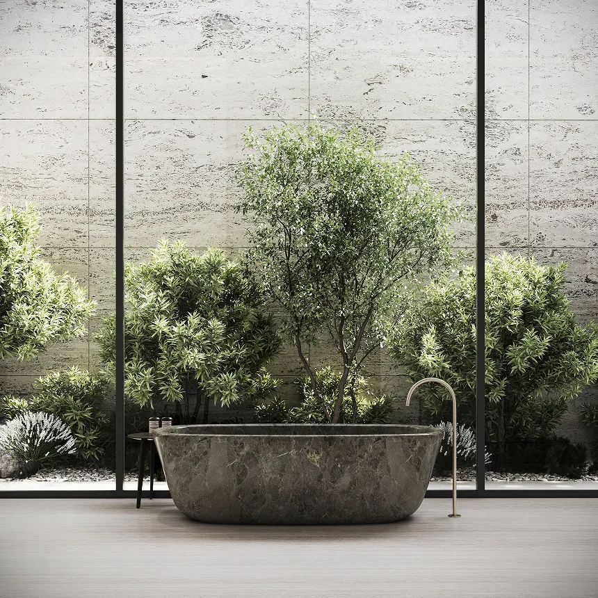 Modern bathroom interior with freestanding marble tub by an interior design company in Dubai.
