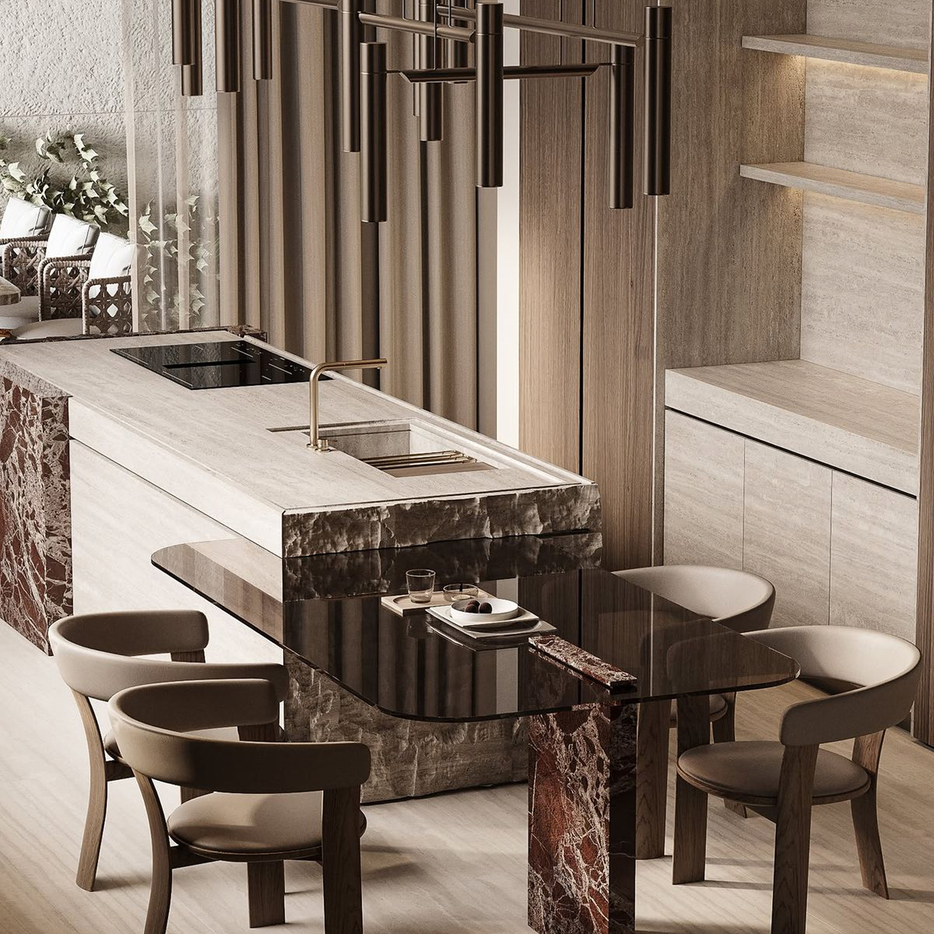 High-end residential interior design of a Palm Jumeirah villa living room with floor-to-ceiling windows.