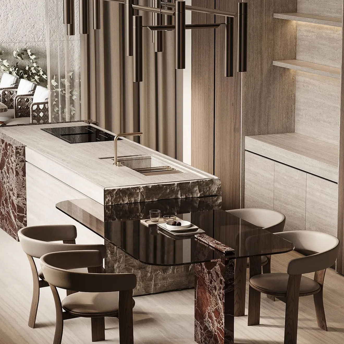 Contemporary kitchen interior design featuring unique metal lighting fixture and quality finishes.