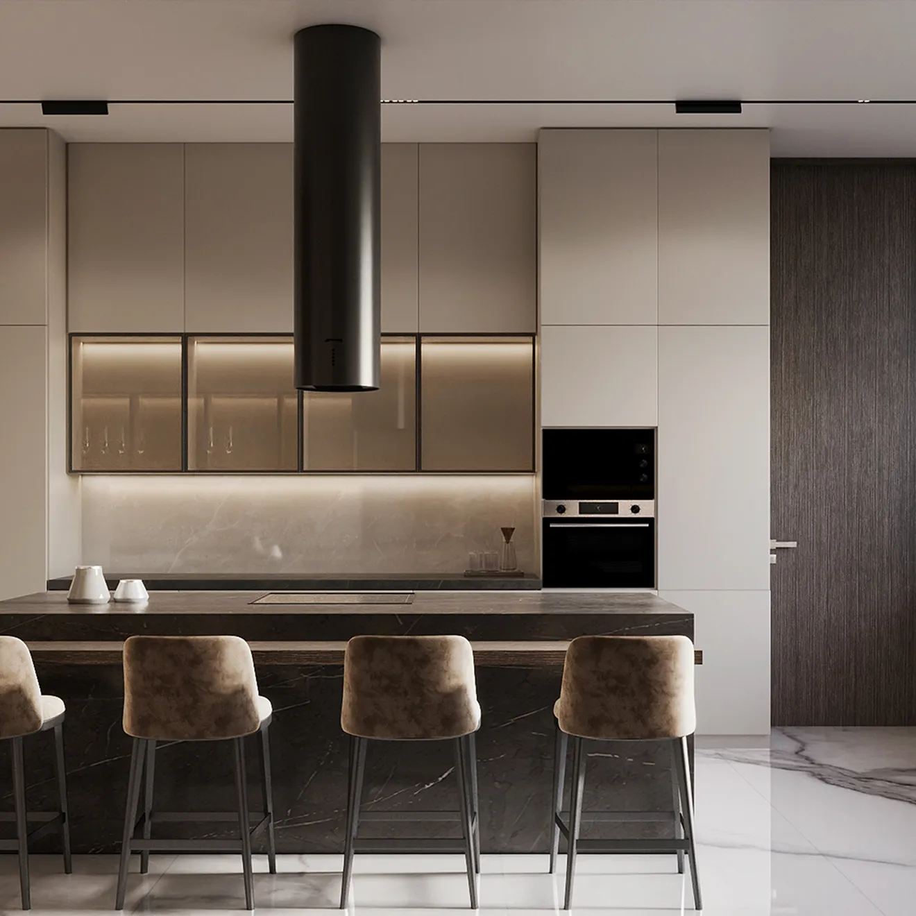 Modern kitchen design featuring integrated appliances and marble finishes in Dubai.