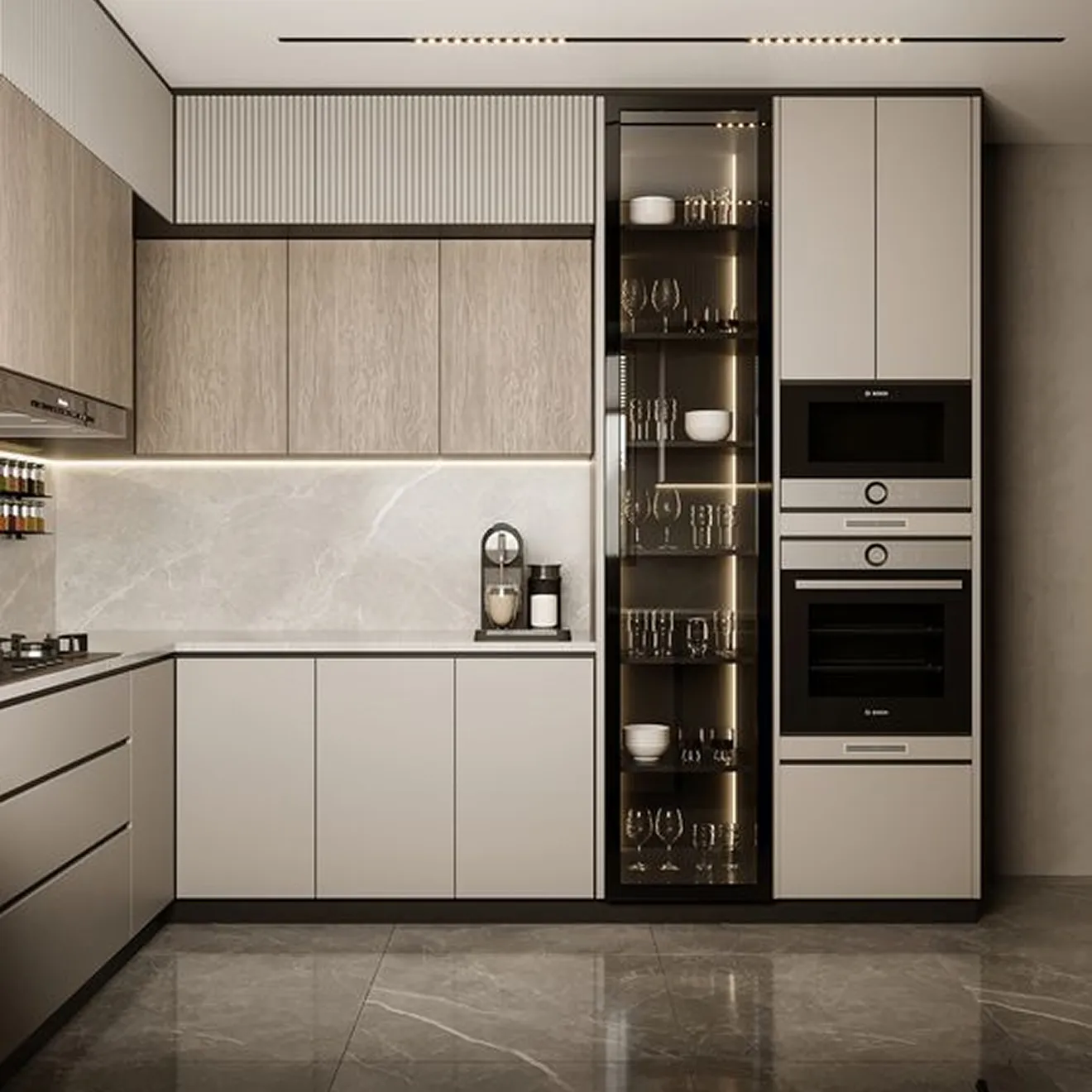 Modular kitchen interior design featuring marble countertops, and built-in appliances.
