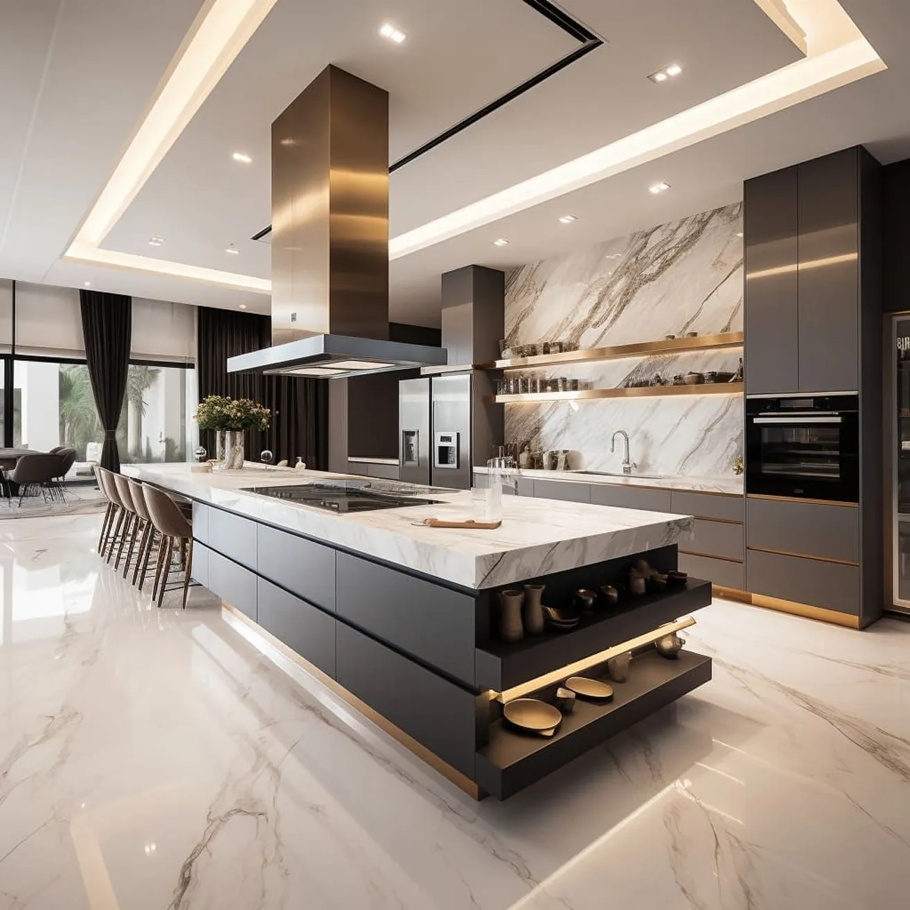 Modern open-plan kitchen design featuring marble backsplash and high-end appliances by Rayfitout.