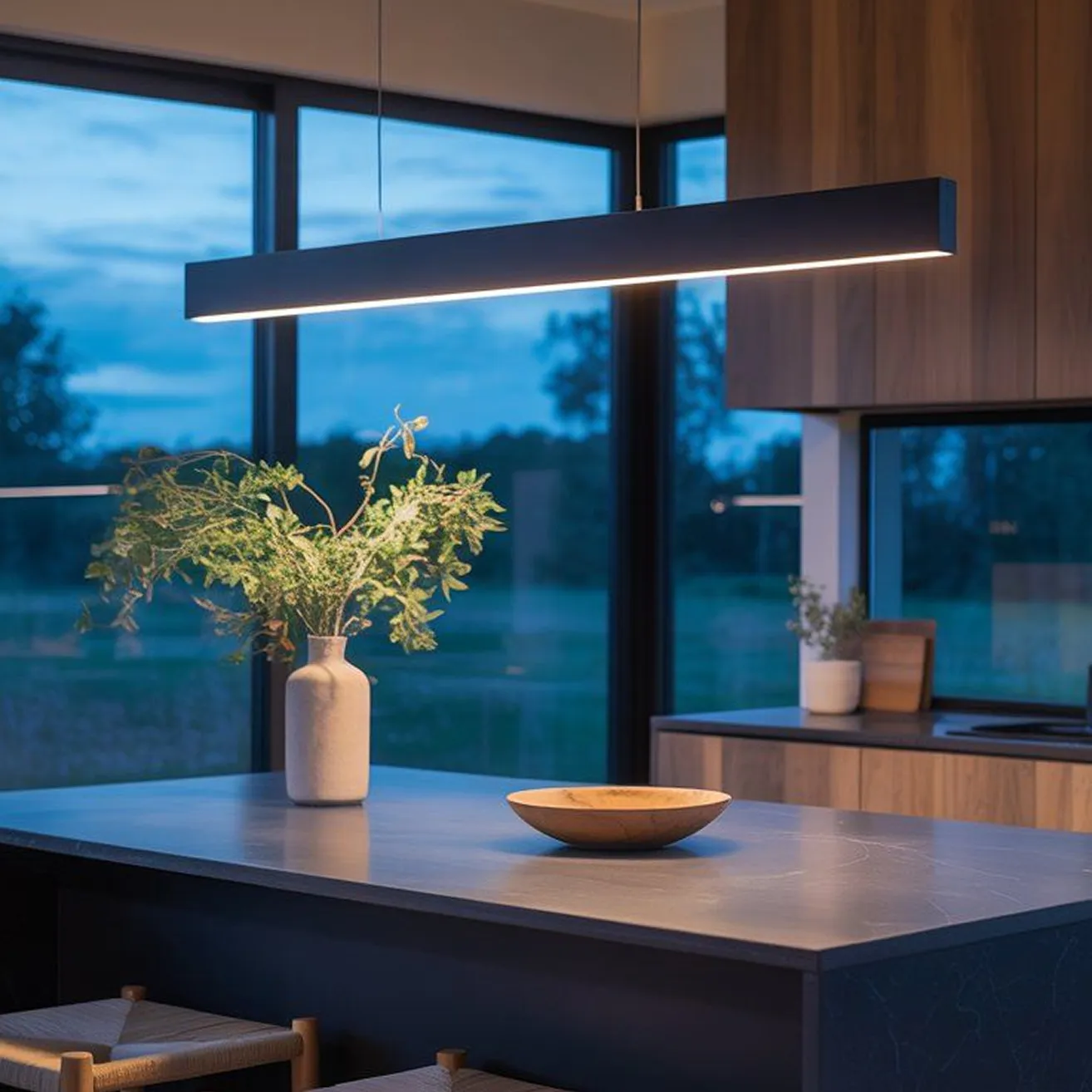 Modern kitchen design featuring an island centerpiece and LED pendant lighting in Dubai.