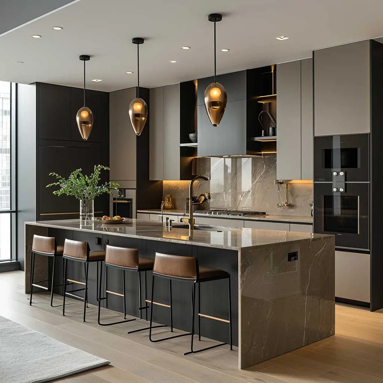 Modern kitchen interior featuring bar seating, brass faucet, and integrated ovens.