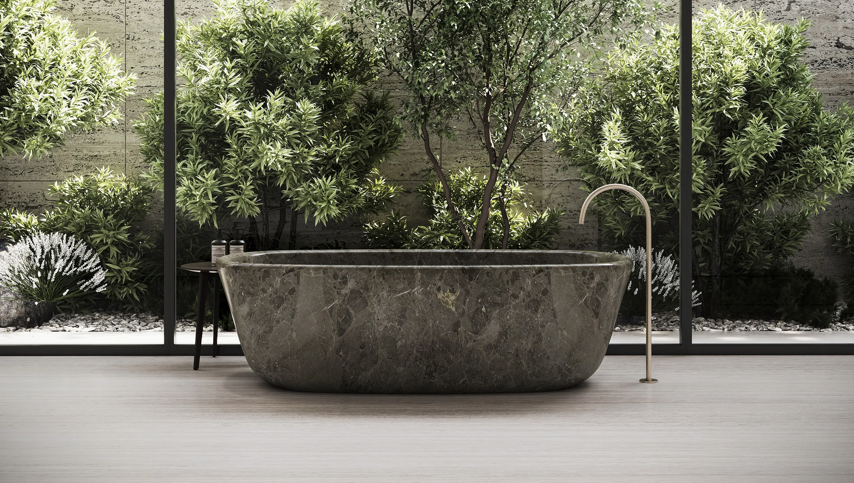 Luxury bathroom interior featuring floor-to-ceiling windows and garden views.