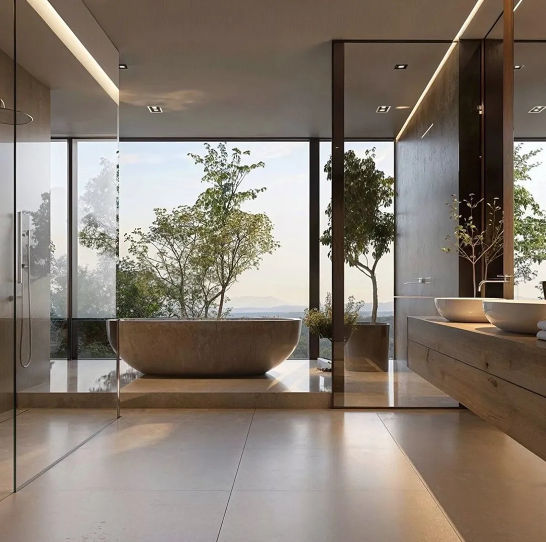 Spa-like bathroom featuring a stone tub and expansive windows in Dubai.