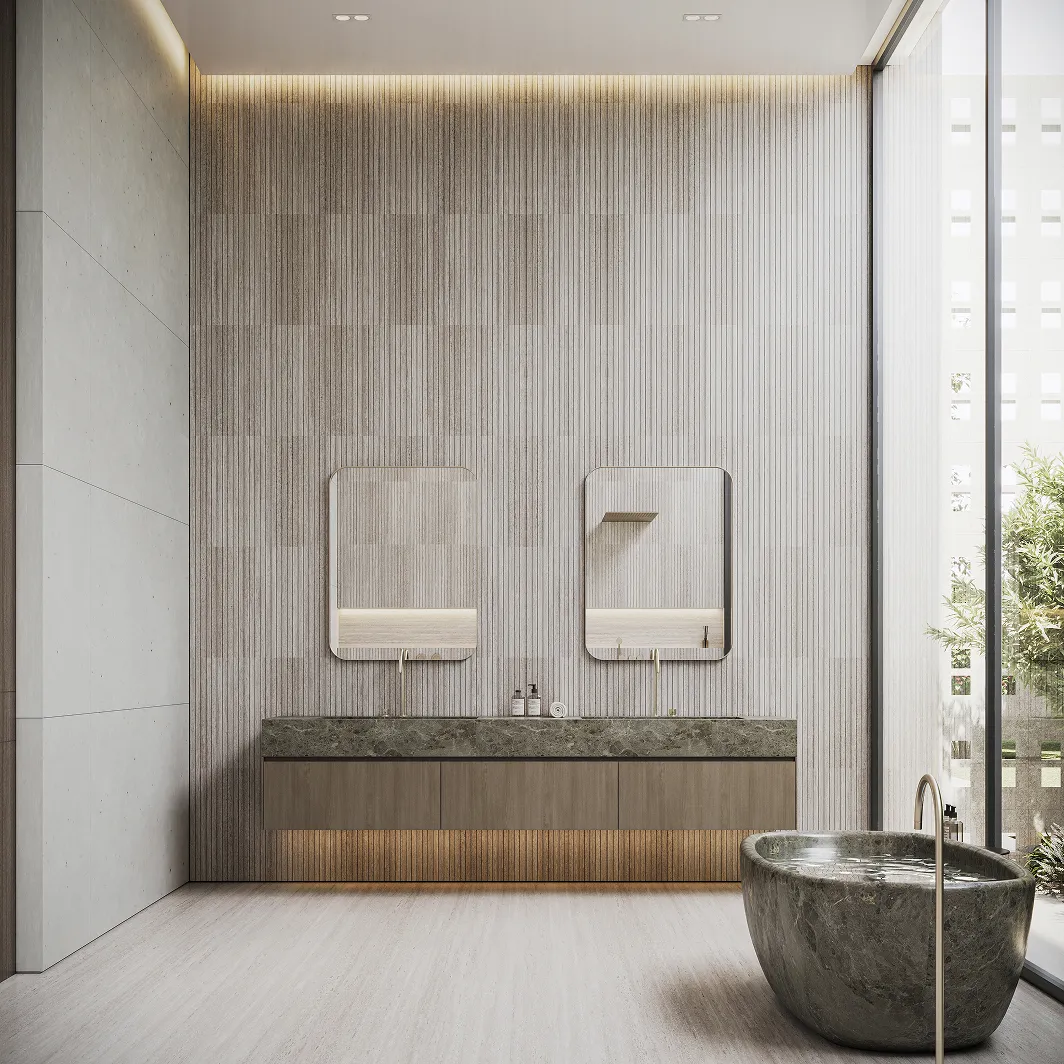 Modern bathroom interior design featuring dual vanity and rectangular mirrors by Rayfitout.