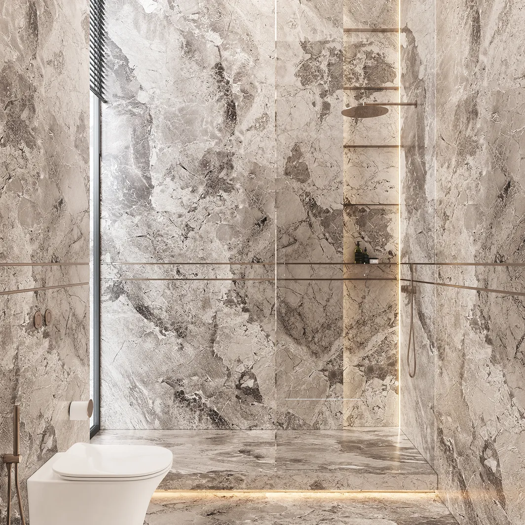 High-end ensuite bathroom interior design featuring marble-look tiles and walk-in shower.