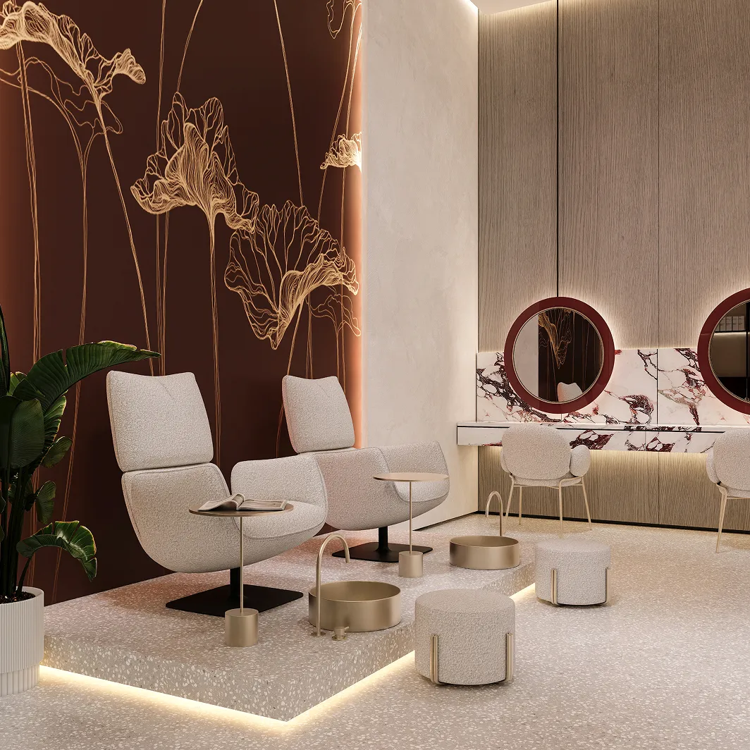 Modern lounge space featuring gold accents and elegant marble finishes in Dubai.