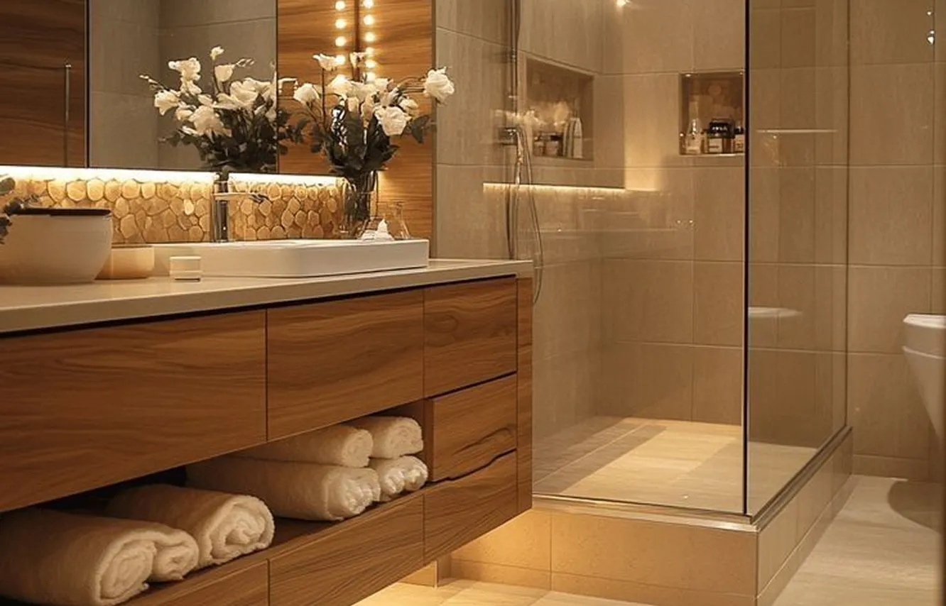 Luxury bathroom interior design featuring a wood vanity, glass enclosure, and custom lighting.