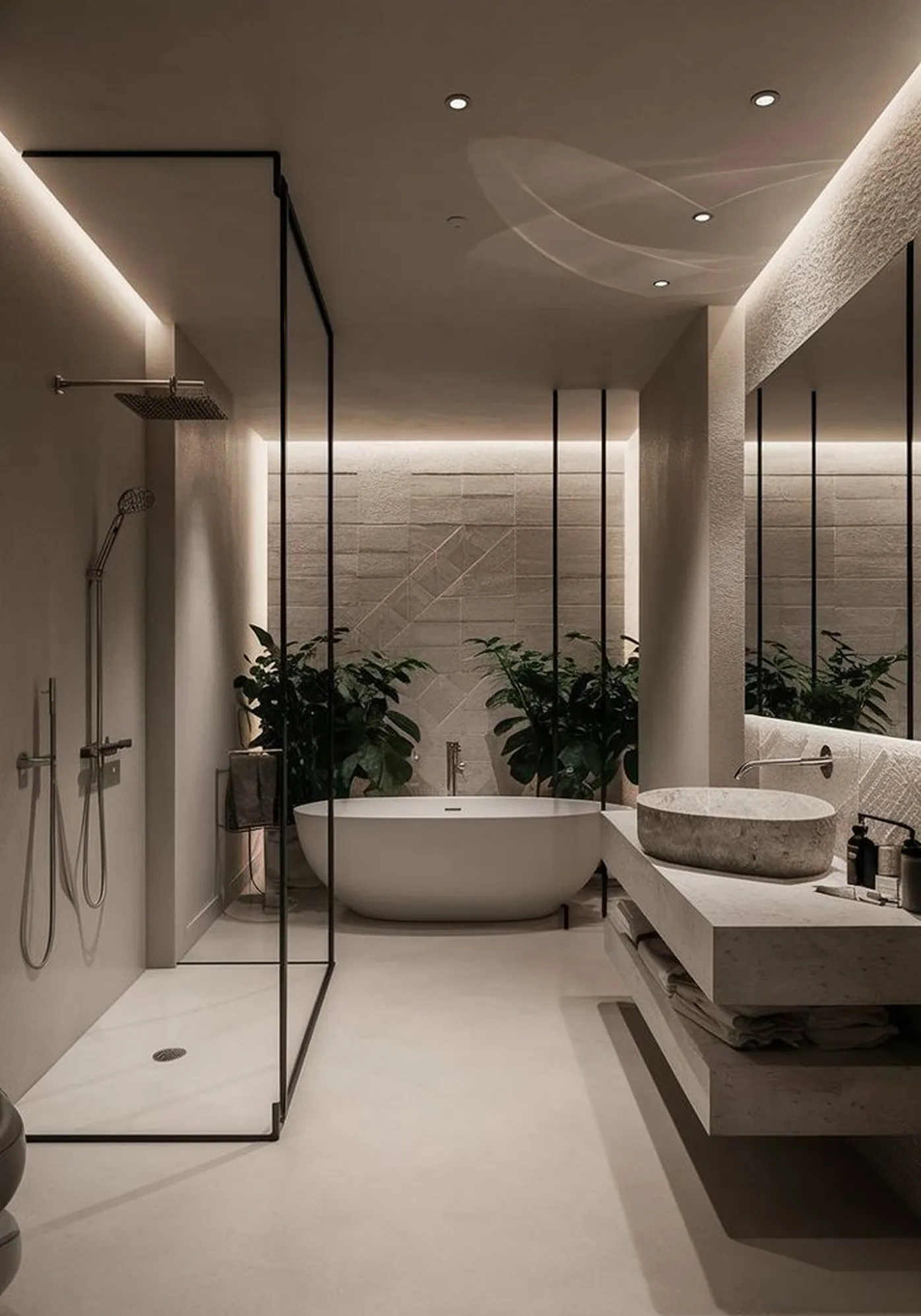 Minimalist bathroom interior featuring a freestanding tub and natural stone basin in Dubai.