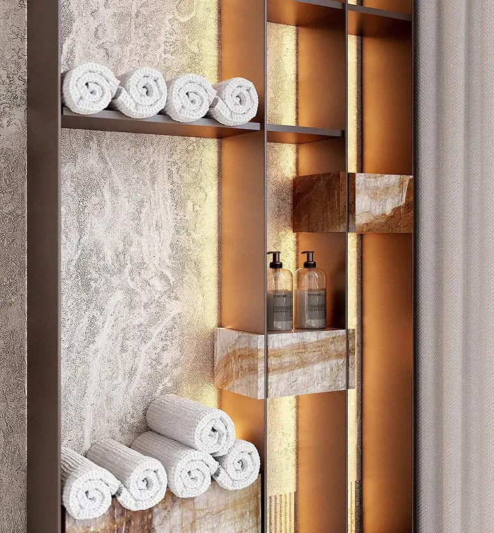 Luxury bedroom interior featuring modular seating and expansive windows in Dubai.