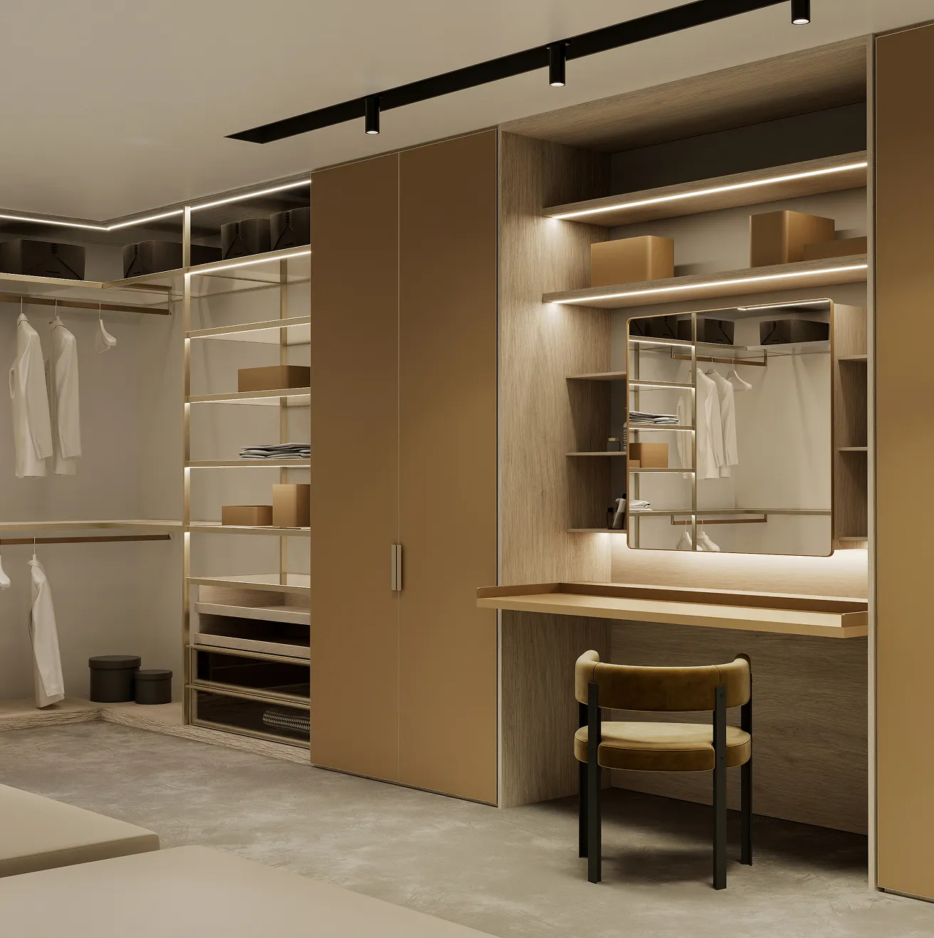 Custom walk-in closet design in Dubai with LED lighting and gold accents by Rayfitout.