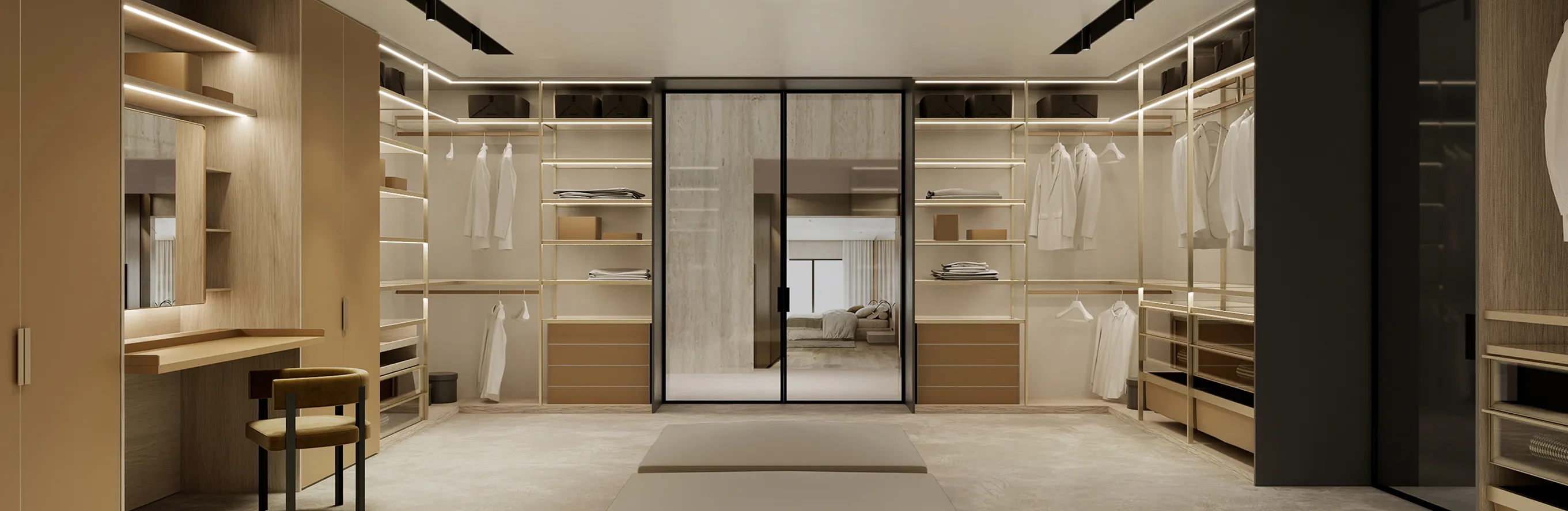 Contemporary walk-in wardrobe with illuminated shelves and integrated lighting.