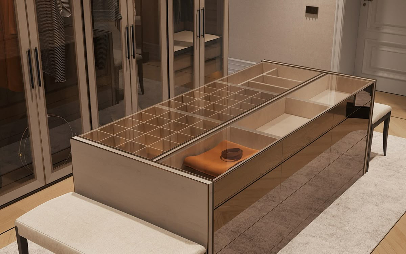 High-end residential interior design of a Palm Jumeirah villa living room with floor-to-ceiling windows.