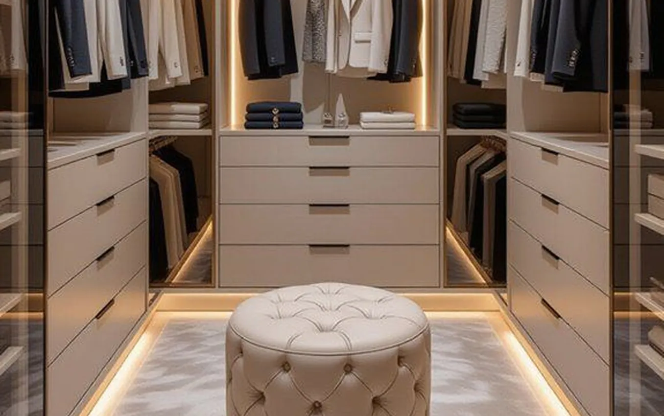U-shaped walk-in closet design engineered at Rayfitout’s in-house facility in Dubai.