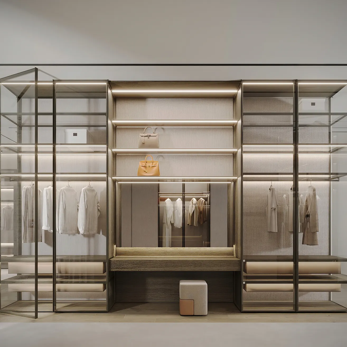 Contemporary walk-in closet with metal-framed glass panels and open shelving.