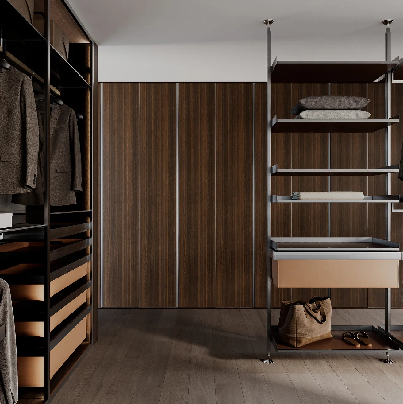 Luxury walk-in closet design featuring premium wood finishes by Rayfitout.