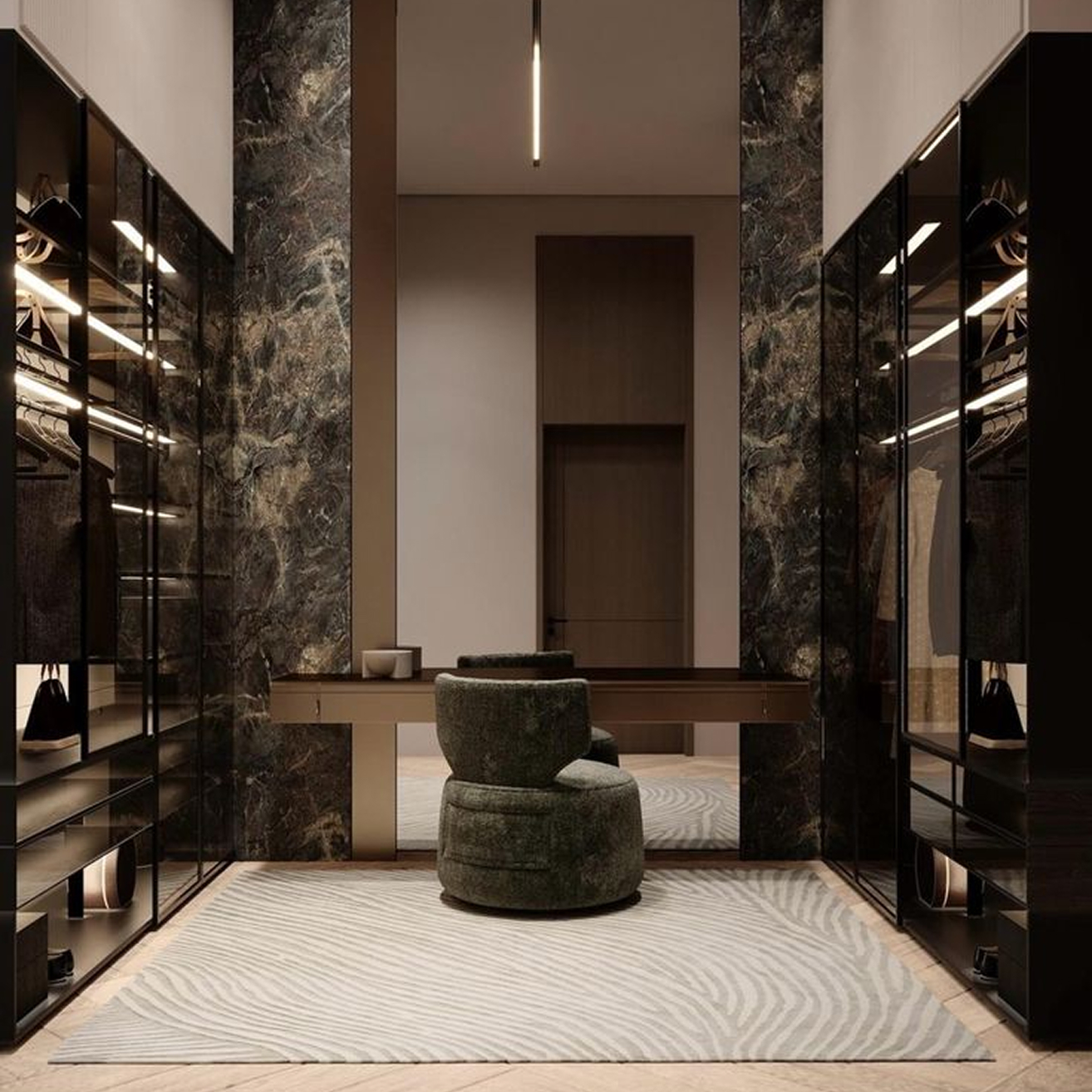 Luxury bedroom interior featuring modular seating and expansive windows in Dubai.