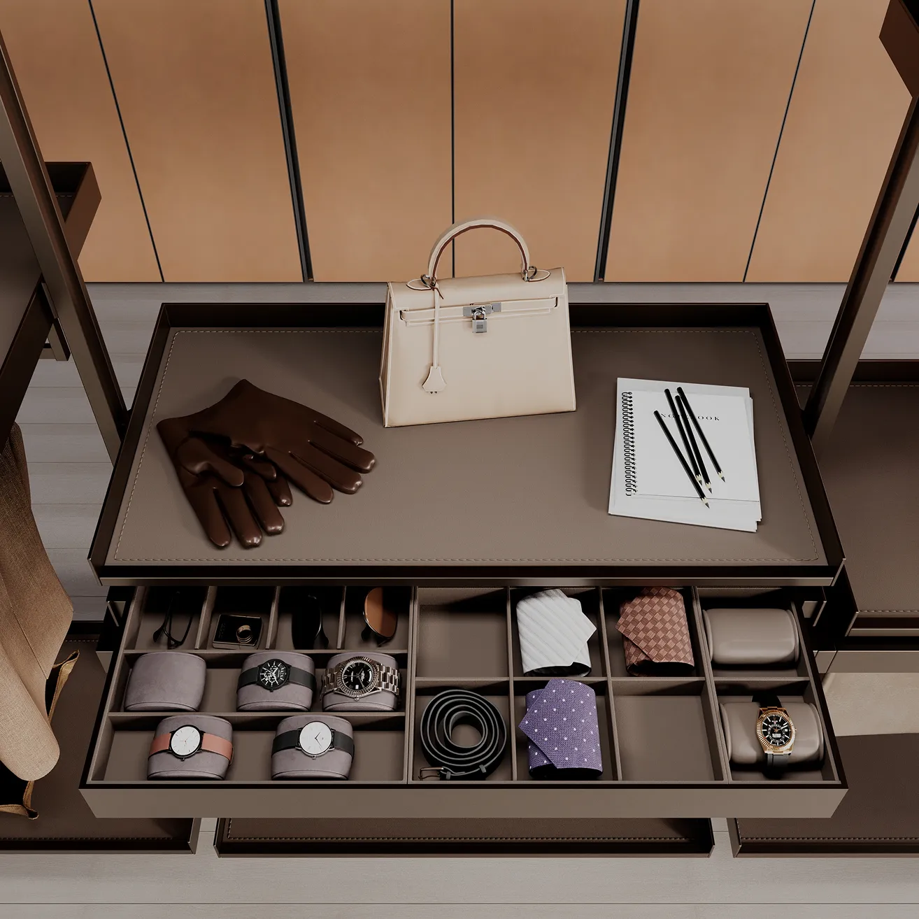 Custom walk-in closet design featuring pull-out racks and jewel organizers.
