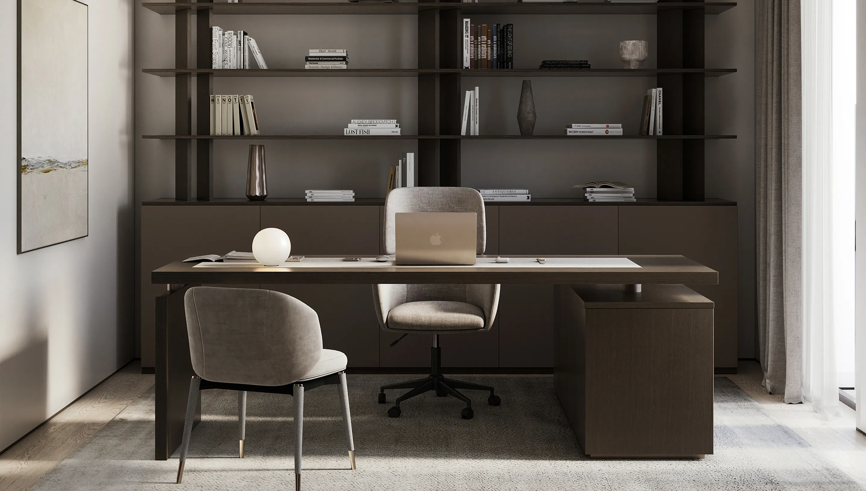 Modern home office design featuring a custom dark wood desk and built-in shelves.