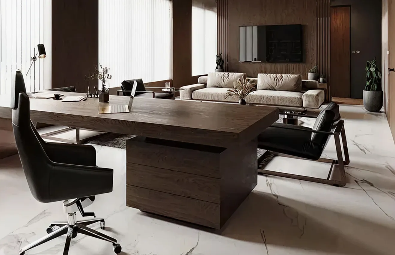 Luxury home office interior design featuring modular sofas and marble flooring.