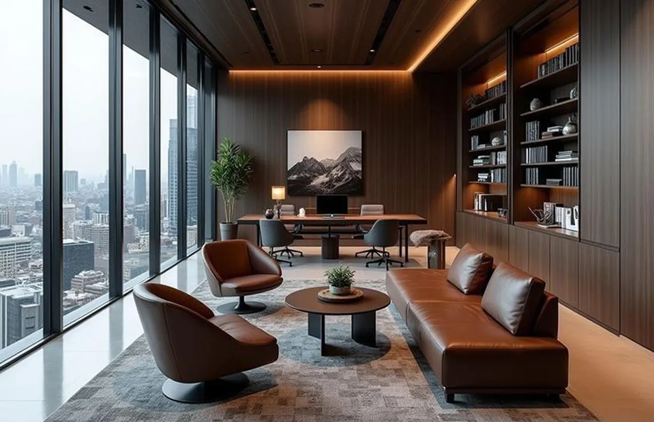 Home office workspace featuring floor-to-ceiling windows and warm recessed lighting.