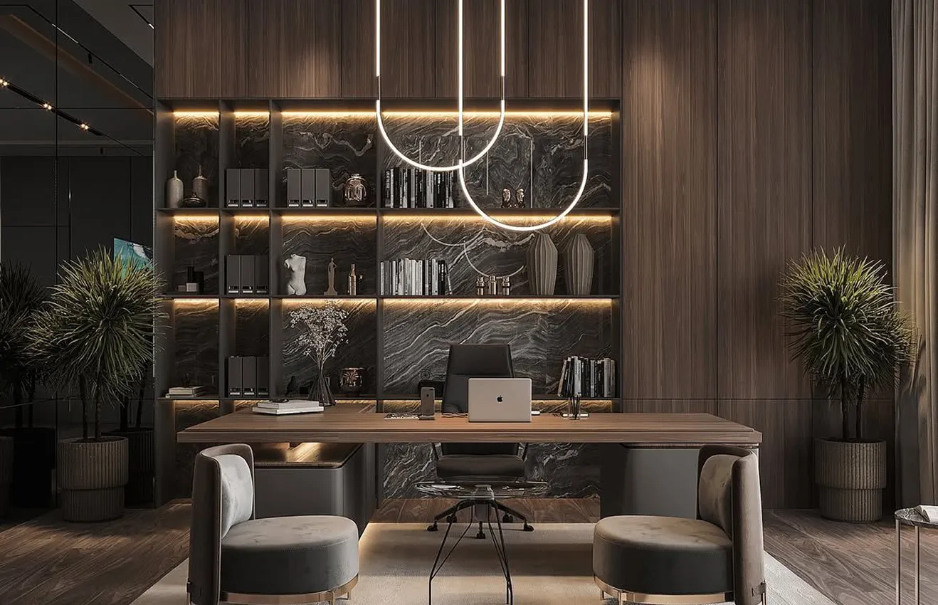Modern home office interior featuring plush gray armchairs and LED-lit shelving.