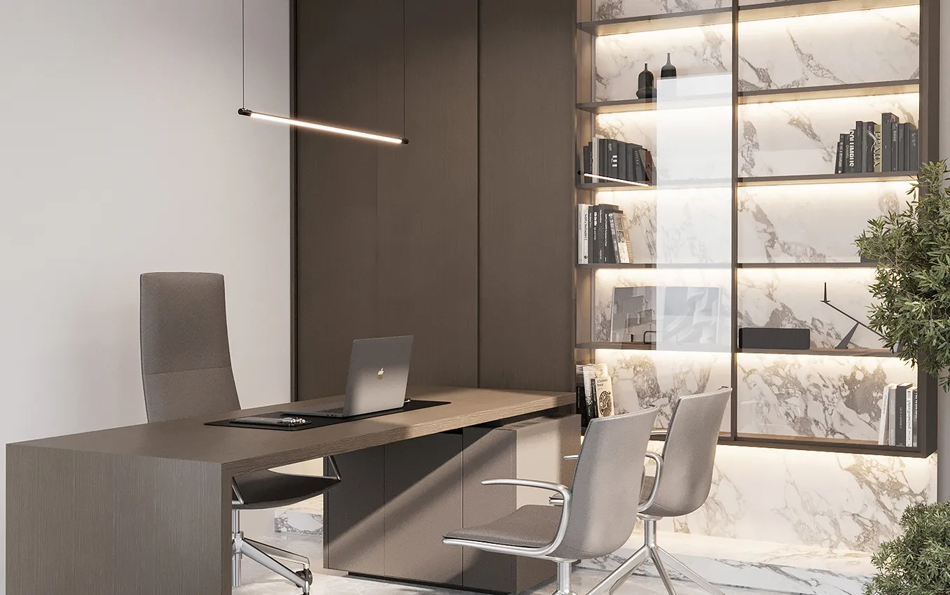 Contemporary home office setup with bespoke furnishings by Rayfitout in Dubai.