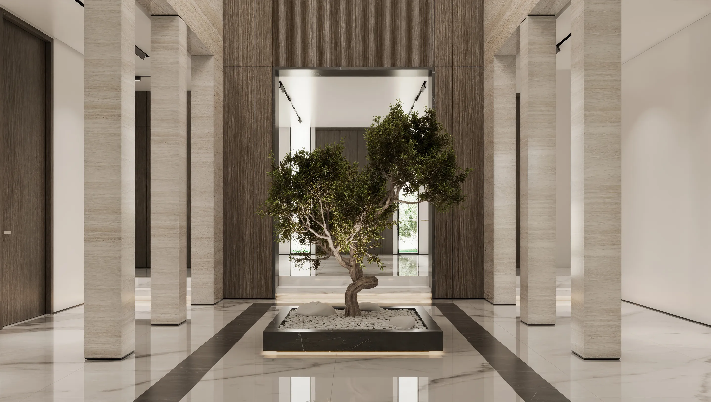 Luxury entrance foyer design featuring a central decorative tree and premium finishes.