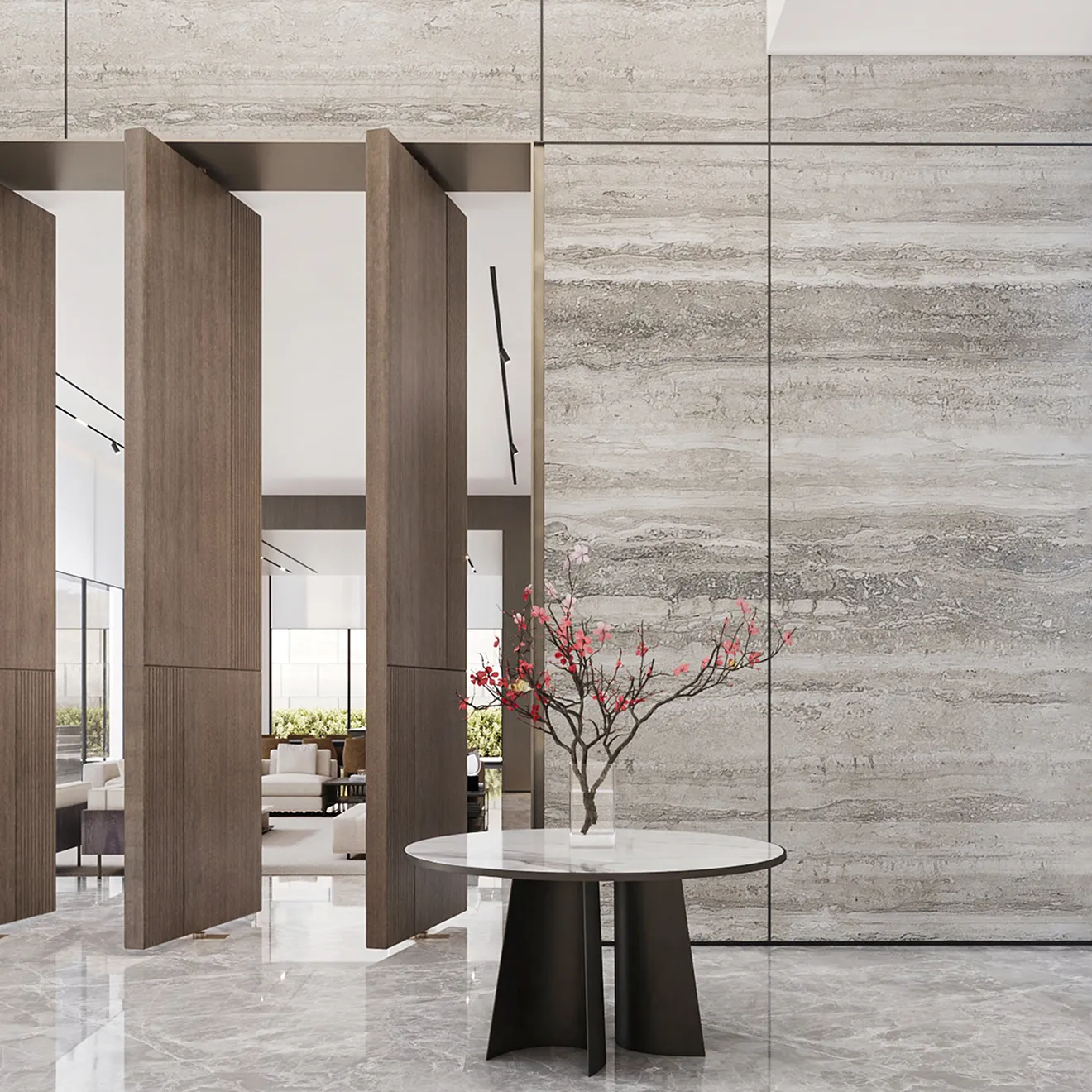 Modern foyer design featuring a marble-topped console table and travertine accent walls.