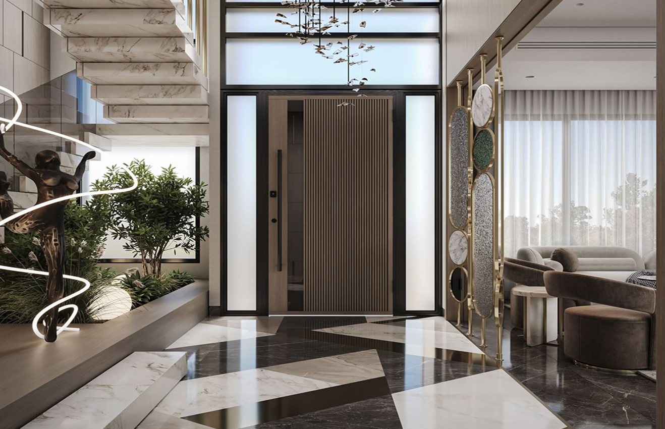 High-end residential interior design of a Palm Jumeirah villa living room with floor-to-ceiling windows.