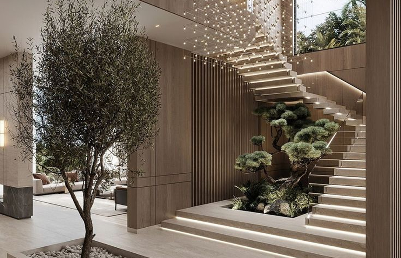 High-end residential interior design of a Palm Jumeirah villa living room with floor-to-ceiling windows.