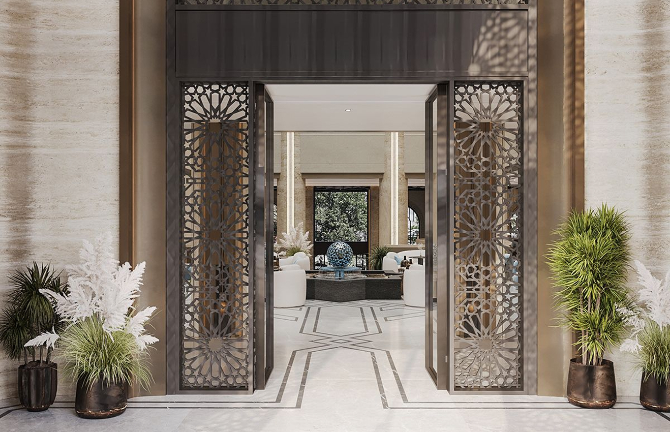 High-end residential interior design of a Palm Jumeirah villa living room with floor-to-ceiling windows.