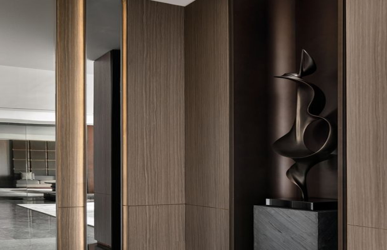 High-end residential interior design of a Palm Jumeirah villa living room with floor-to-ceiling windows.