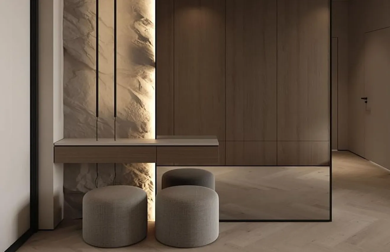 Luxury vanity with a floating wood counter and illuminated stone accent wall.