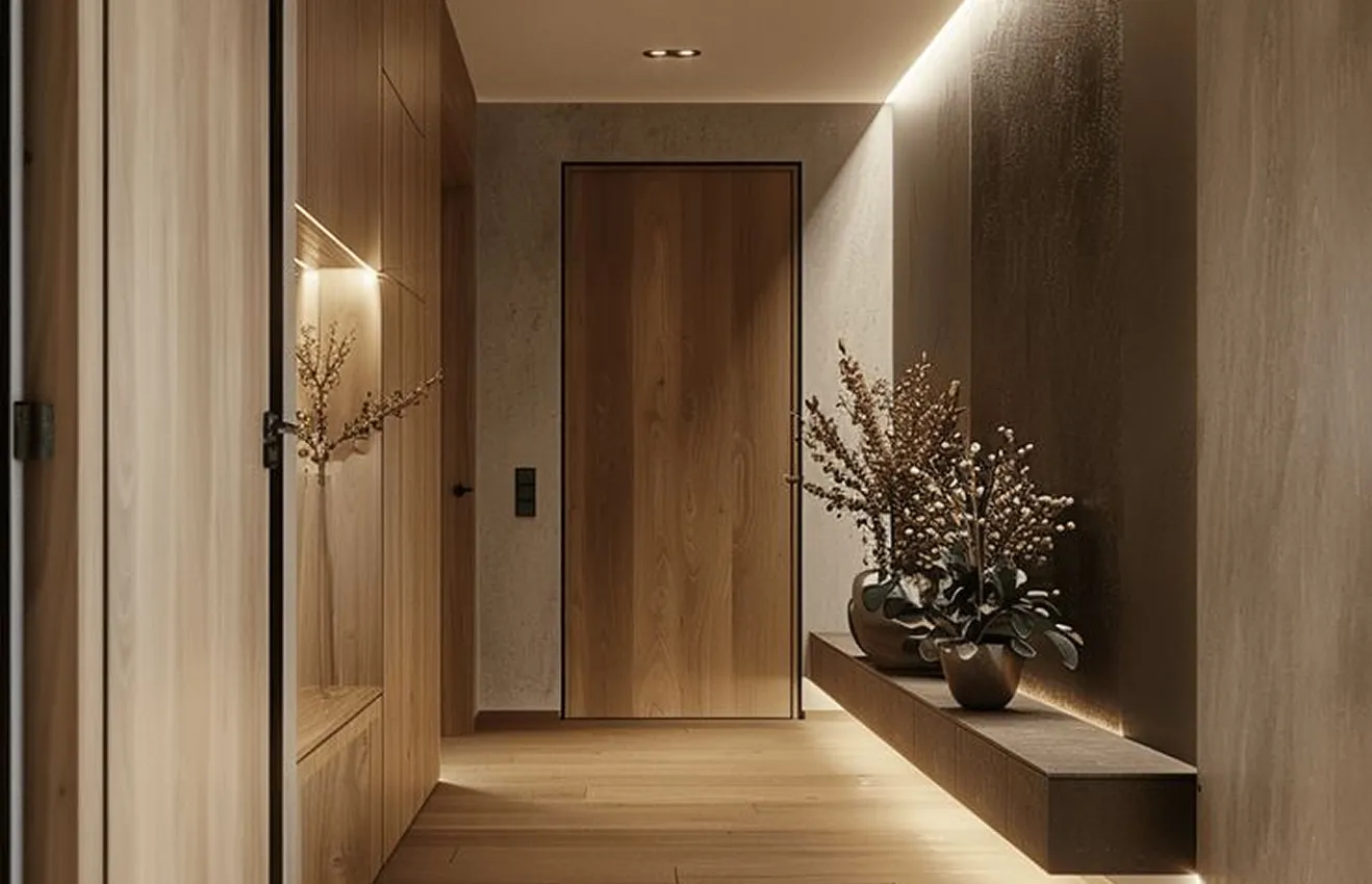 Modern foyer interior design featuring a hidden door by Rayfitout in Dubai.