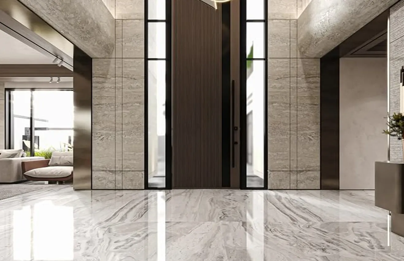 Luxury hallway interior featuring premium marble flooring in a private villa.