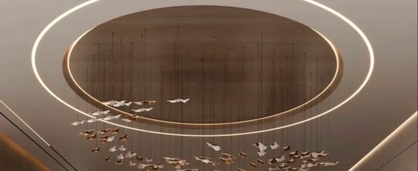 High-end residential interior design of a Palm Jumeirah villa living room with floor-to-ceiling windows.