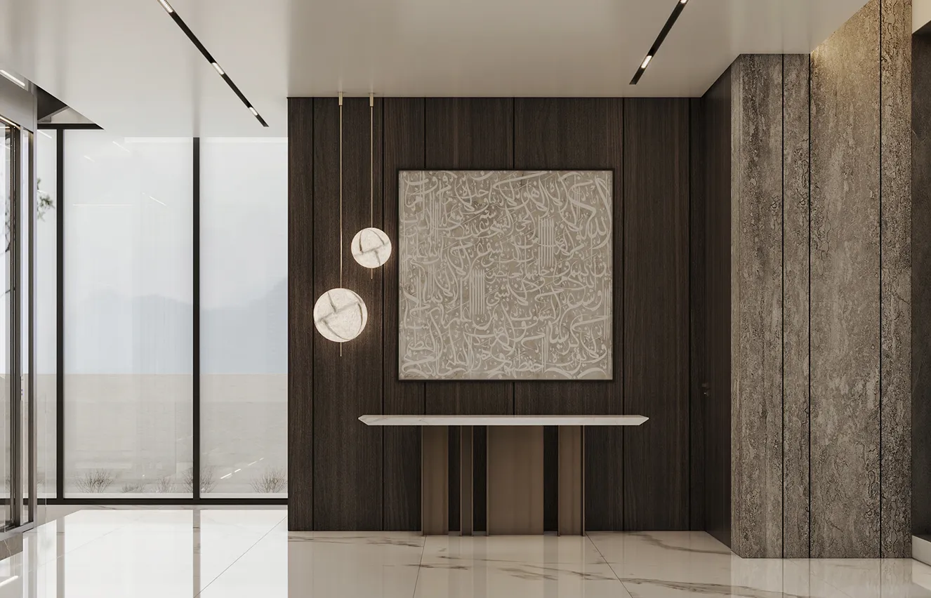 Luxury villa interior featuring a modern console table and custom lighting design.