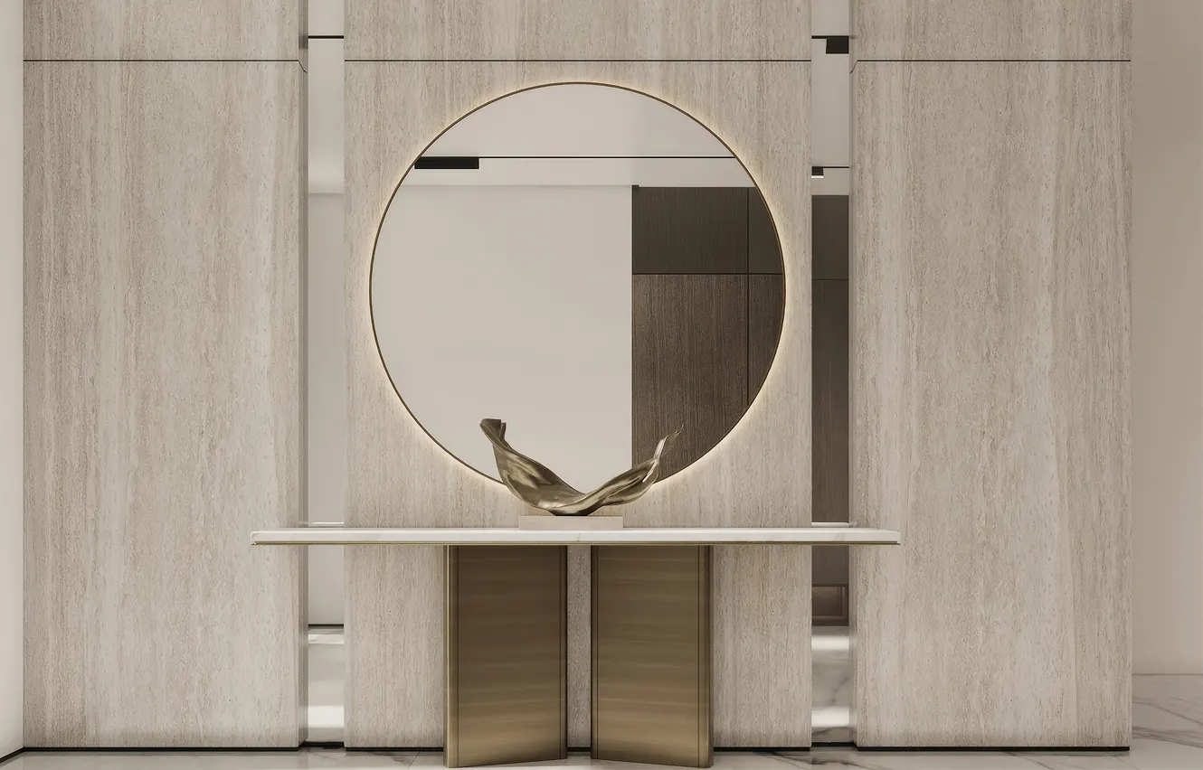 Luxury foyer interior with travertine wall panels and a marble console table.