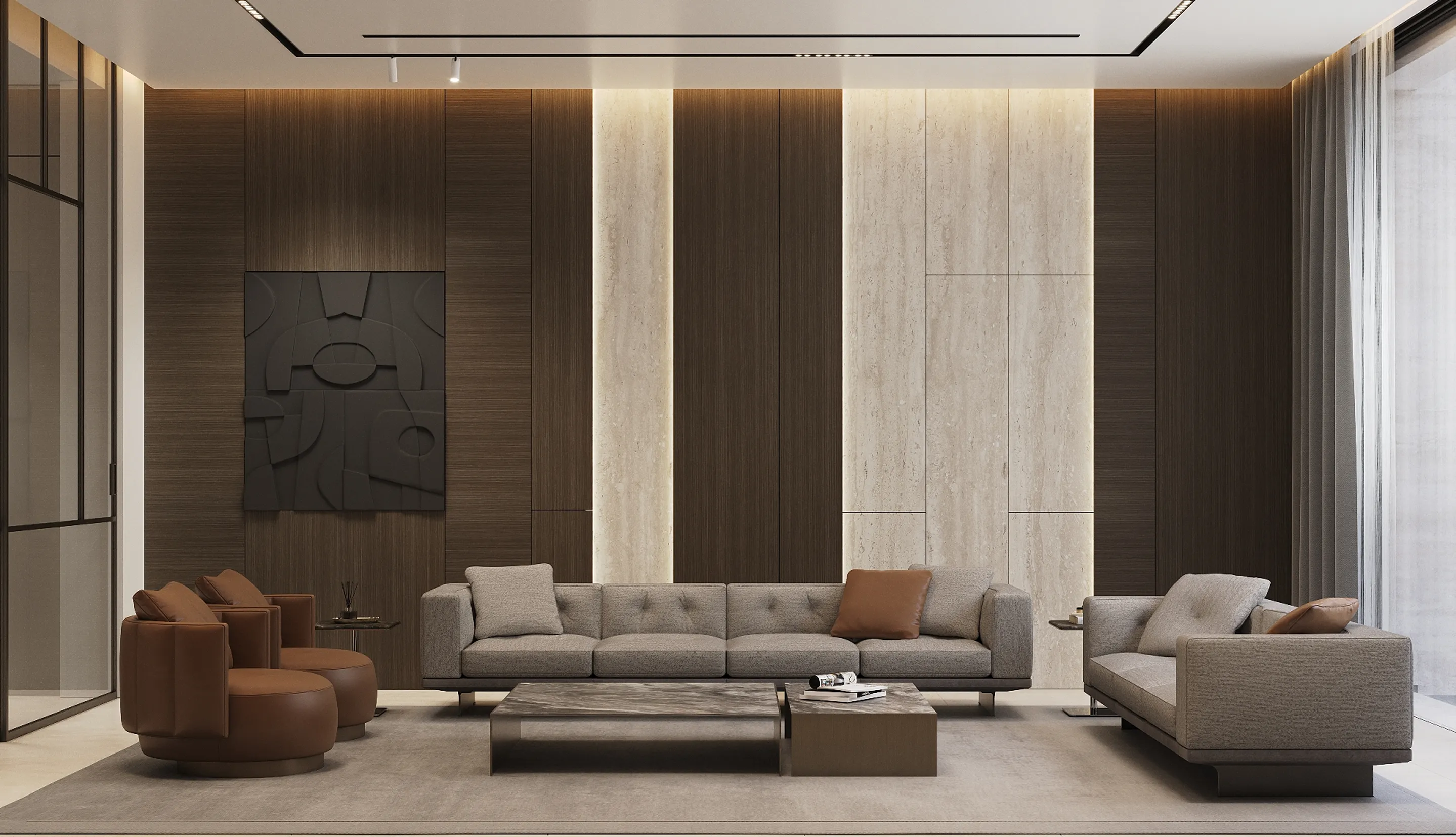Luxury villa living room featuring turnkey interior design and modern fit out by Rayfitout in Dubai.