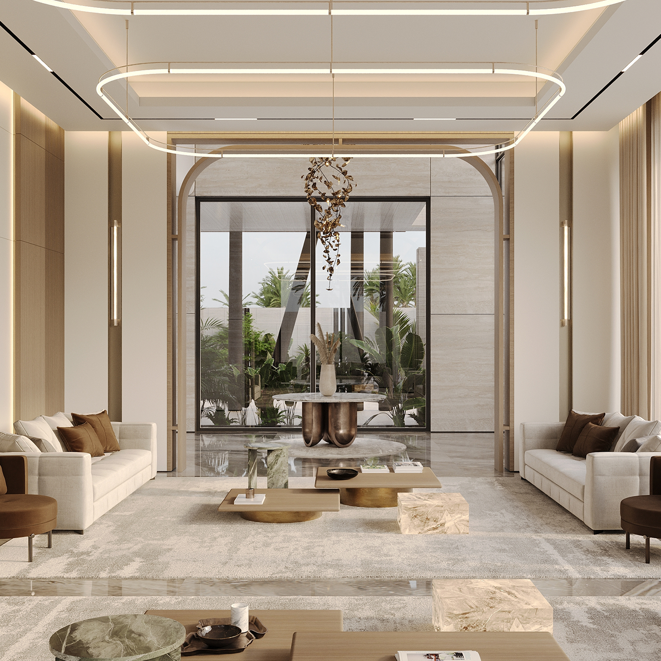 Contemporary living room interior design featuring bespoke joinery in Dubai.