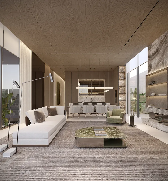 Contemporary turnkey fit out featuring an open living and dining area in a modern villa.