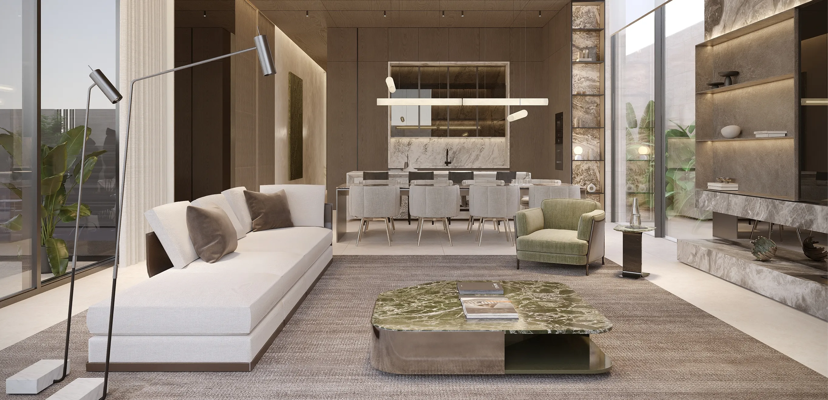 Contemporary turnkey fit out featuring an open living and dining area in a modern villa.