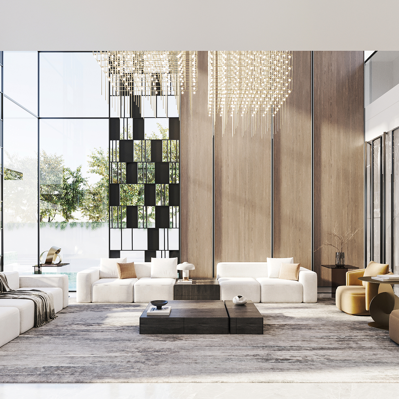 Penthouse Interior Design featuring a sectional sofa and city view.