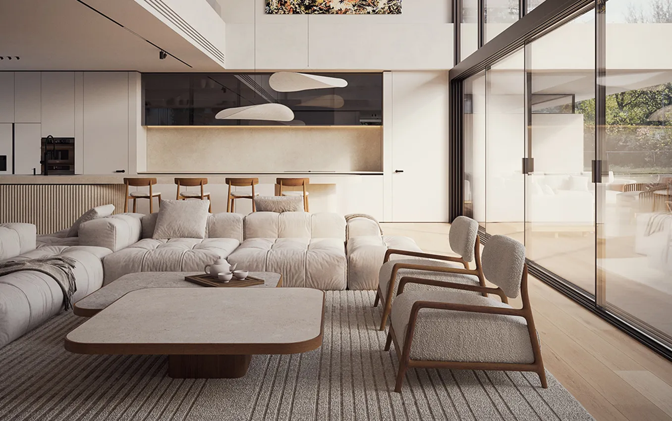 Modern living room interior fit out featuring a custom fireplace and TV wall in Dubai.